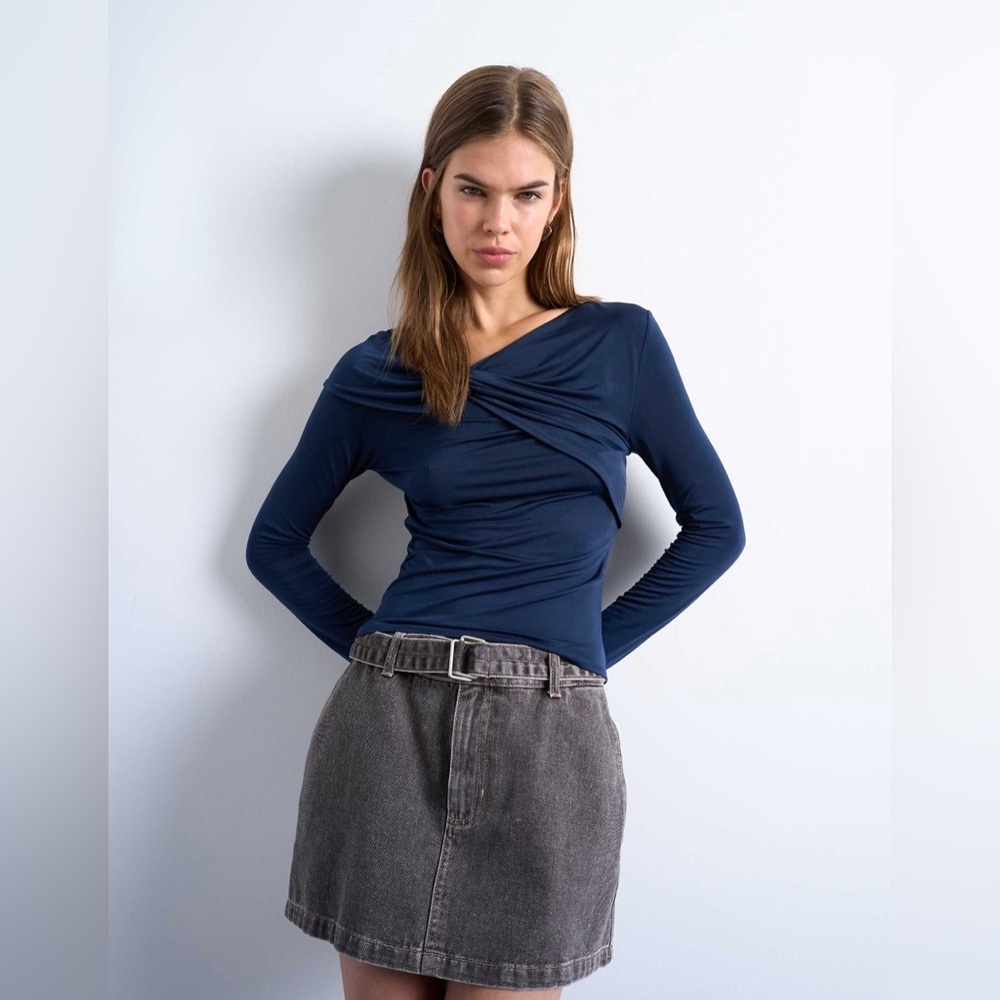 Topshop microfiber draped long sleeve top in navy